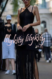 Sexy Halterneck Open Back Elegant Tassel Slim Maxi Dress