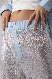 Fashion Sequined Loose Long-sleeved Shirt and Casual Elastic Waist Wide-leg Pants Set
