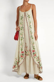 Botanical Print Suspenders Loose Full Hem Maxi Dress