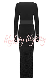 Sexy See-through Long-sleeved V-neck Pleated Slim-fit Maxi Dress
