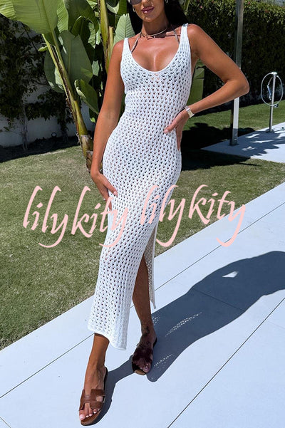 Solid Color V-neck Hollow Beach Knitted Cover-up Midi Dress