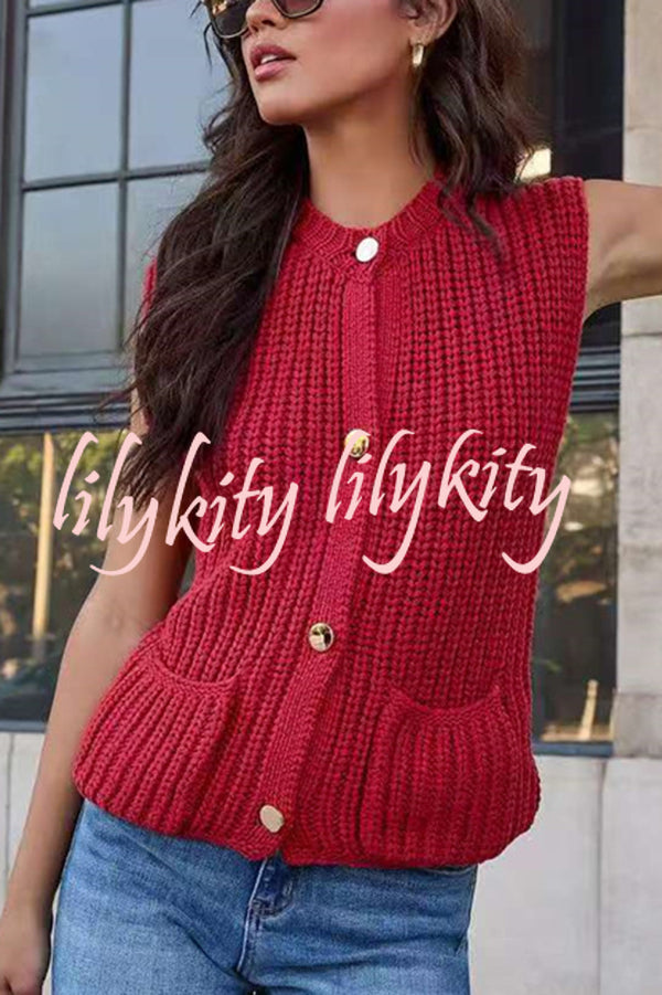 Solid Color Sleeveless Button Pocket Knit Vest