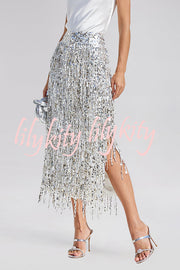 Evening Charm Layered Sequined Tassels High Rise Back Zipper Slit Midi Skirt