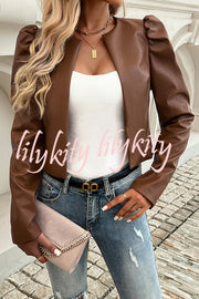 Yelissa Faux Leather Statement Long Sleeve Open Front Crop Jacket