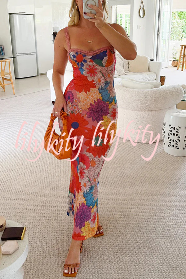 Floral Print Lace Trim Sexy Strapless Backless Slim Fit Maxi Dress