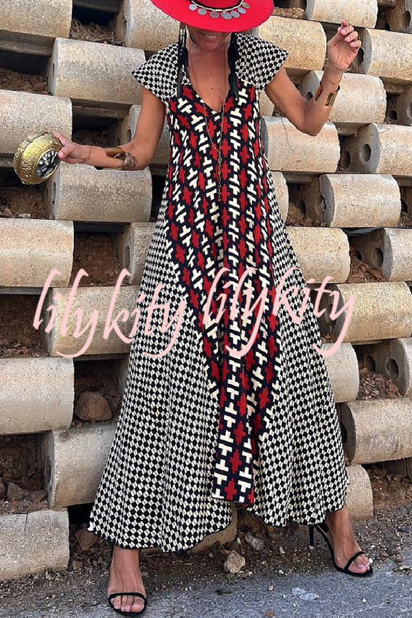 Fresh Breeze Ethnic Unique Print Ruffle Sleeve A-line Maxi Dress