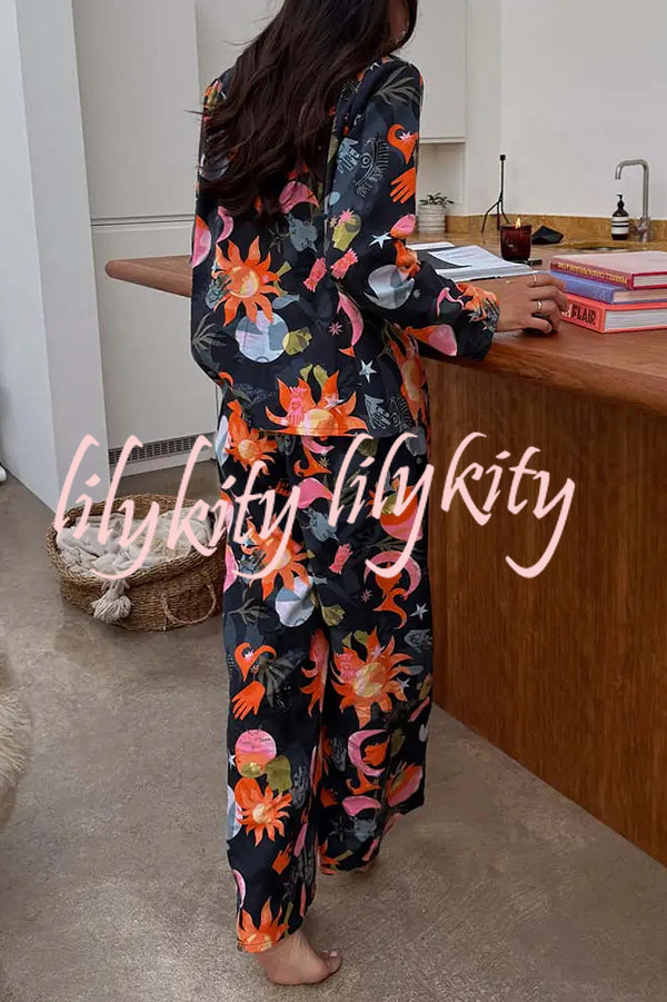 Evening Routine Unique Print Color-block Trim Loose Shirt and Elastic Waist Pocketed Pajama Set