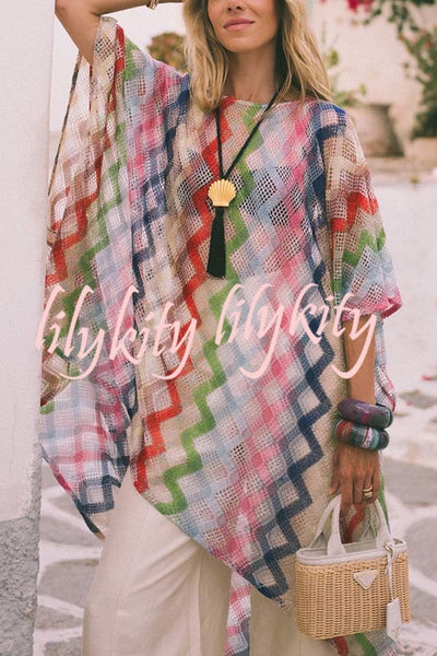 Sun Washed Knit Colorful Zigzag Pattern Asymmetric Hem Loose Cover-ups Kaftan