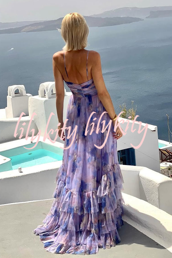Dreamy Clouds Tulle Printed Rose Detail Cutout Ruffles Tiered Halter Maxi Dress
