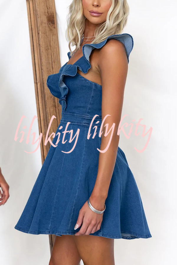 Sweet Secret Denim Square Neck Ruffle Sleeve Stretch Mini Dress