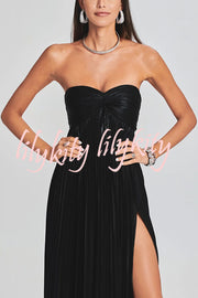 Metallic Sexy Tube Top Pleated High Slit Maxi Dress