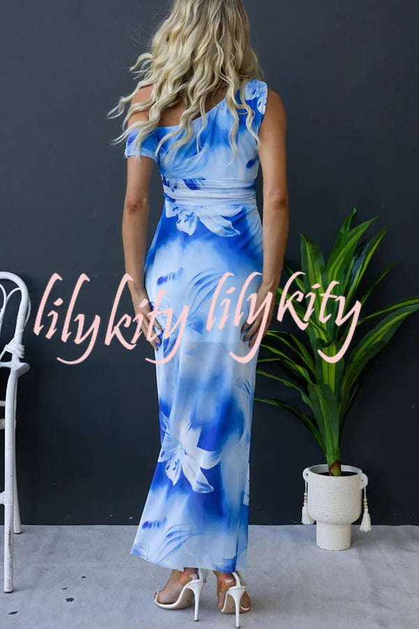 Escala Mesh Overlay Floral Print One Shoulder Cross Detail Slit Stretch Maxi Dress