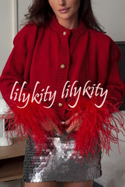 Solid Color Elegant Feather Long Sleeve Casual Knitted Cardigan