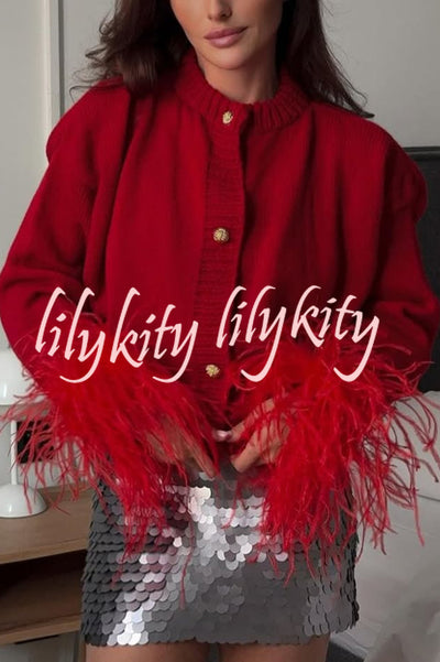 Solid Color Elegant Feather Long Sleeve Casual Knitted Cardigan