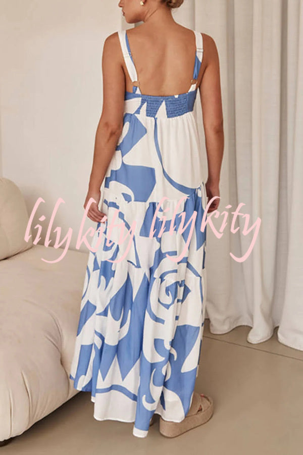 Bohemian Style Geometric Print Back Smocked Loose Maxi Dress