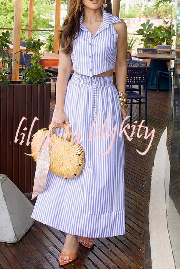Stripe Print Lapel Sleeveless Button Top and Elastic Waist Casual Maxi Skirt Set