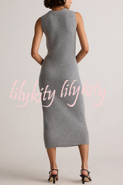 Soft and Warm Cashmere Ribbed Knit Sleeveless Midi Sweater Dress