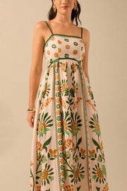 Unique Printed Sling Back Pleated Loose Holiday Maxi Dress