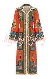 Linen Blend Unique Print Tie-waist Casual Maxi Dress