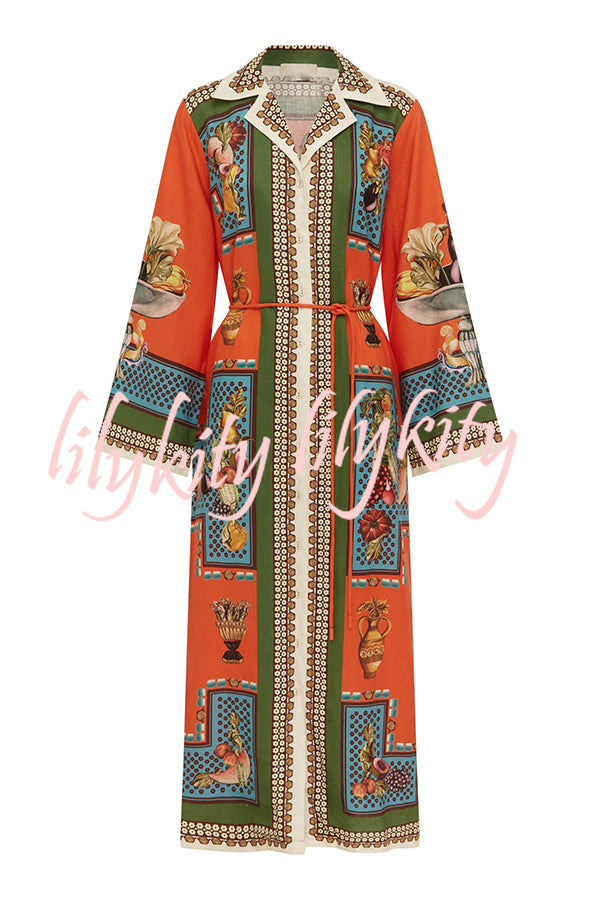 Linen Blend Unique Print Tie-waist Casual Maxi Dress