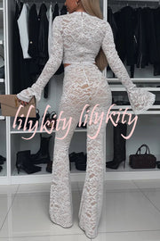 Sexy Charming Lace Bell Sleeve Crop Stretch Top and High Waist Stretch Flared Pants