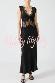 Wonderful Fusion Satin Lace Trim See-through Waist V-neck Drape Maxi Dress