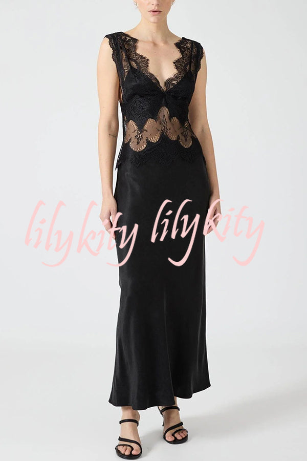 Wonderful Fusion Satin Lace Trim See-through Waist V-neck Drape Maxi Dress