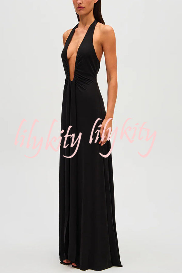 Sexy Silhouette Deep U-neck Halter Waterfall Sash Drape Maxi Dress