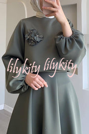 Solid Color Flower-embellished Lantern Sleeve Loose Top and Casual Maxi Skirt Set