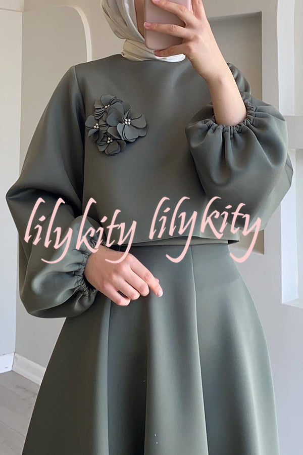 Solid Color Flower-embellished Lantern Sleeve Loose Top and Casual Maxi Skirt Set
