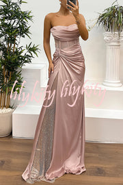 Audrey Satin Paneled Mesh Sequin Fabric Off Shoulder Ruched Drape Maxi Dress