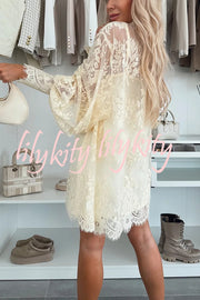 Night Rose Lace Bow Neck Long Balloon Sleeve A-line Mini Dress