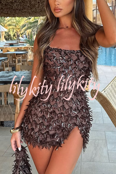 Sexy Square Neck Open Back Sequined Tassel Slim Mini Dress