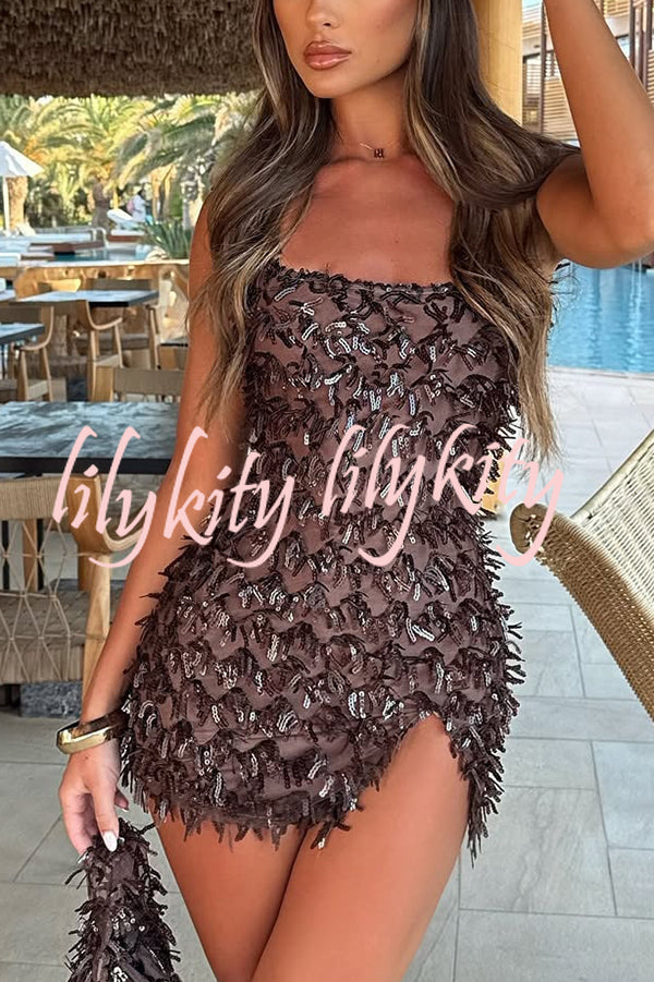 Sexy Square Neck Open Back Sequined Tassel Slim Mini Dress