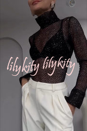 Shimmering Twilight Sequin Turtleneck Long Slit Sleeve H-line Blouse