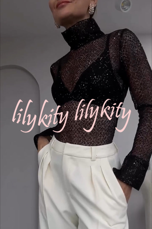 Shimmering Twilight Sequin Turtleneck Long Slit Sleeve H-line Blouse