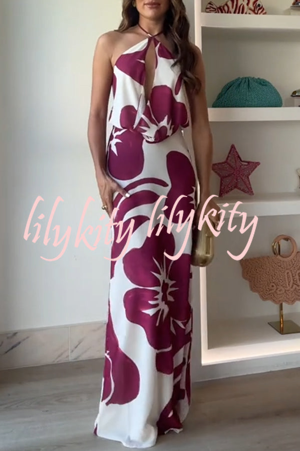Leslie Flower Print Halter Cutout Cowl Neck Backless Maxi Dress