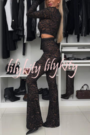 Sexy Charming Lace Bell Sleeve Crop Stretch Top and High Waist Stretch Flared Pants