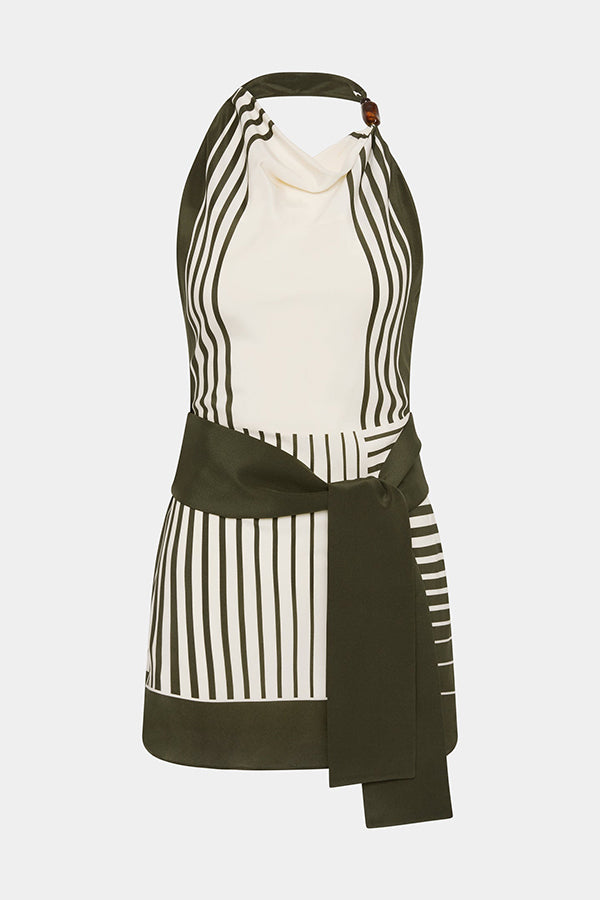 Summer Event⁠ Striped Beads Cowl Neck Backless Tie-up Mini Dress