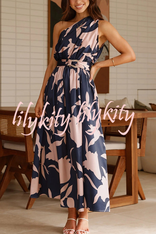 Unique Print Sleeveless One Shoulder Belted Maxi Dress