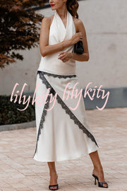 Iriena Satin Lace Trim Cowl Halter Neck Tank and Mid Rise Midi Skirt Set