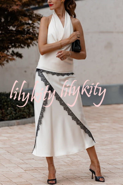 Iriena Satin Lace Trim Cowl Halter Neck Tank and Mid Rise Midi Skirt Set