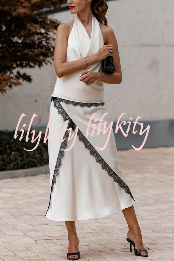 Iriena Satin Lace Trim Cowl Halter Neck Tank and Mid Rise Midi Skirt Set