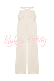 Leia High Neck Button Bell Sleeve Top and Cutout Waist Metal Pocketed Flare Pants Set