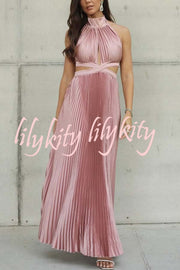 Stunning Choice Satin Pleated Halter High Neck Cutout Waist Backless Maxi Dress
