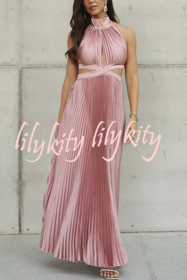 Stunning Choice Satin Pleated Halter High Neck Cutout Waist Backless Maxi Dress