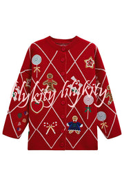 Argyle Candy Gingerbread Man Embroidered Button-knit Cardigan