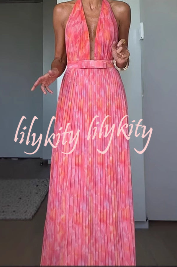 Unique Print Sexy Halter Neck Tie Pleated Vacation Maxi Dress