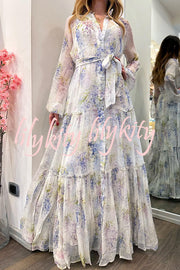 Romantic Provence Lavender Print Button Belt Tiered Shirt Maxi Dress