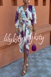 Luxury Party Satin Tie-dye Print Draped Slit Midi Skirt